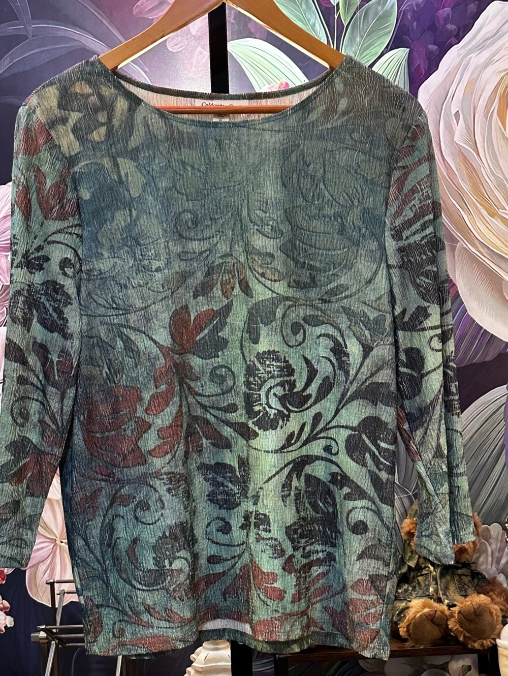 Coldwater Creek XL 18 Floral Scroll Top Crinkle Boho Artsy Cottagecore Green USA